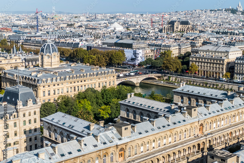 Panoramic aerial view of Paris from the Tower of the Cathedral of Notre Dame
