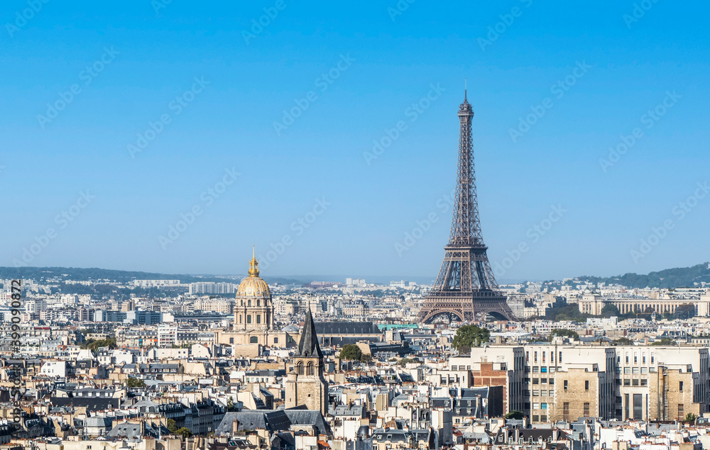 Panoramic aerial view of Paris from the Tower of the Cathedral of Notre Dame with the Eiffel tower in background