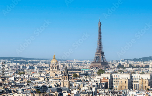 Panoramic aerial view of Paris from the Tower of the Cathedral of Notre Dame with the Eiffel tower in background © Alessio