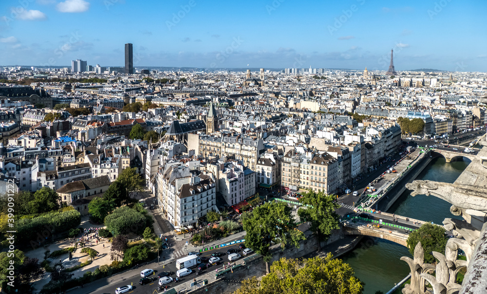 Panoramic aerial view of Paris from the Tower of the Cathedral of Notre Dame