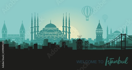 Landscape of the Turkish city of Istanbul. Abstract cityscape with the main attractions at sunset