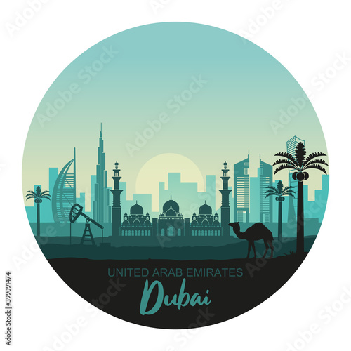 Abstract circle Dubai city landscape with sunset background