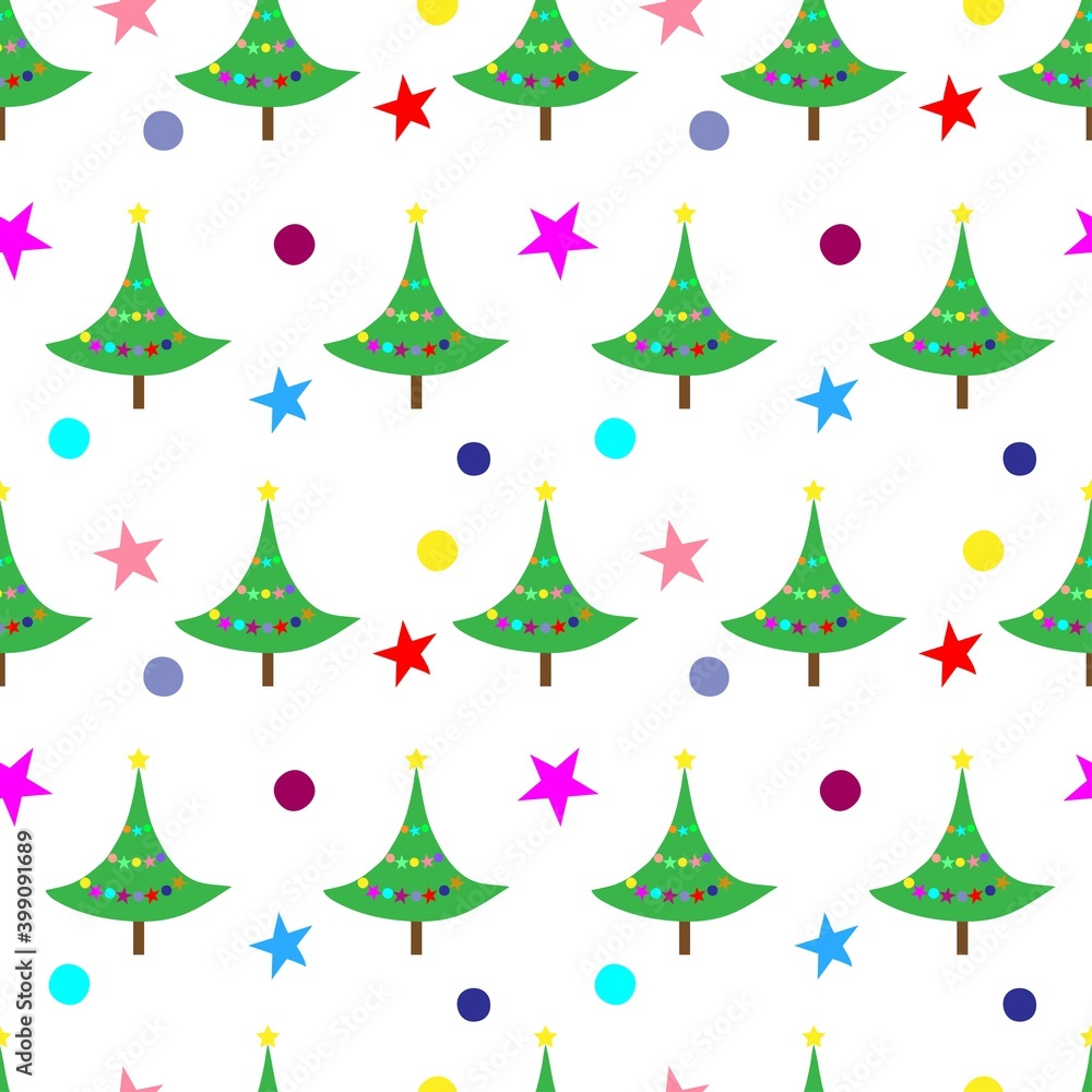 New Year tree with multicolored stars and balls on a white background.