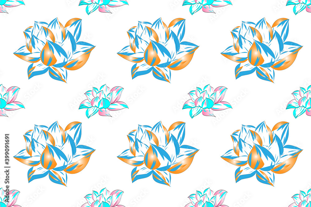Botanical seamless pattern, lotus flowers and leaves on light brown background