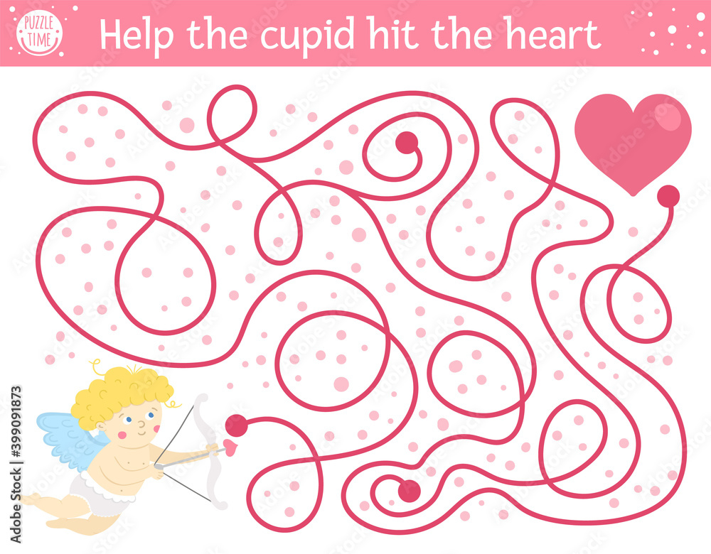 Saint Valentine day maze for children. Holiday preschool printable educational activity. Funny game with cute boy. Romantic puzzle with love theme. Help the cupid hit the heart .