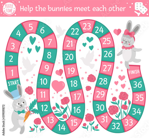 Saint Valentine day board game for children with bunnies. Educational holiday boardgame with cute rabbits and flowers. Romantic activity with love theme. Printable worksheet with funny characters..