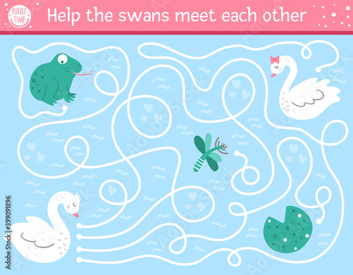 Saint Valentine day maze for children. Holiday preschool printable educational activity. Funny game with birds. Romantic puzzle with love theme. Help the swans meet each other .