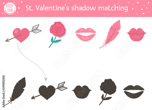 Saint valentine day shadow matching activity for children. Fun puzzle with cute holiday symbols. Educational game for kids with love theme. Find the correct silhouette printable worksheet. .