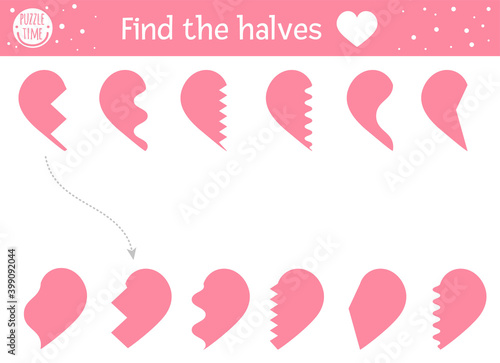 Saint Valentine day matching activity for children. Fun puzzle with hearts. Holiday celebration educational game, printable worksheet for kids with love theme. Find the halves .