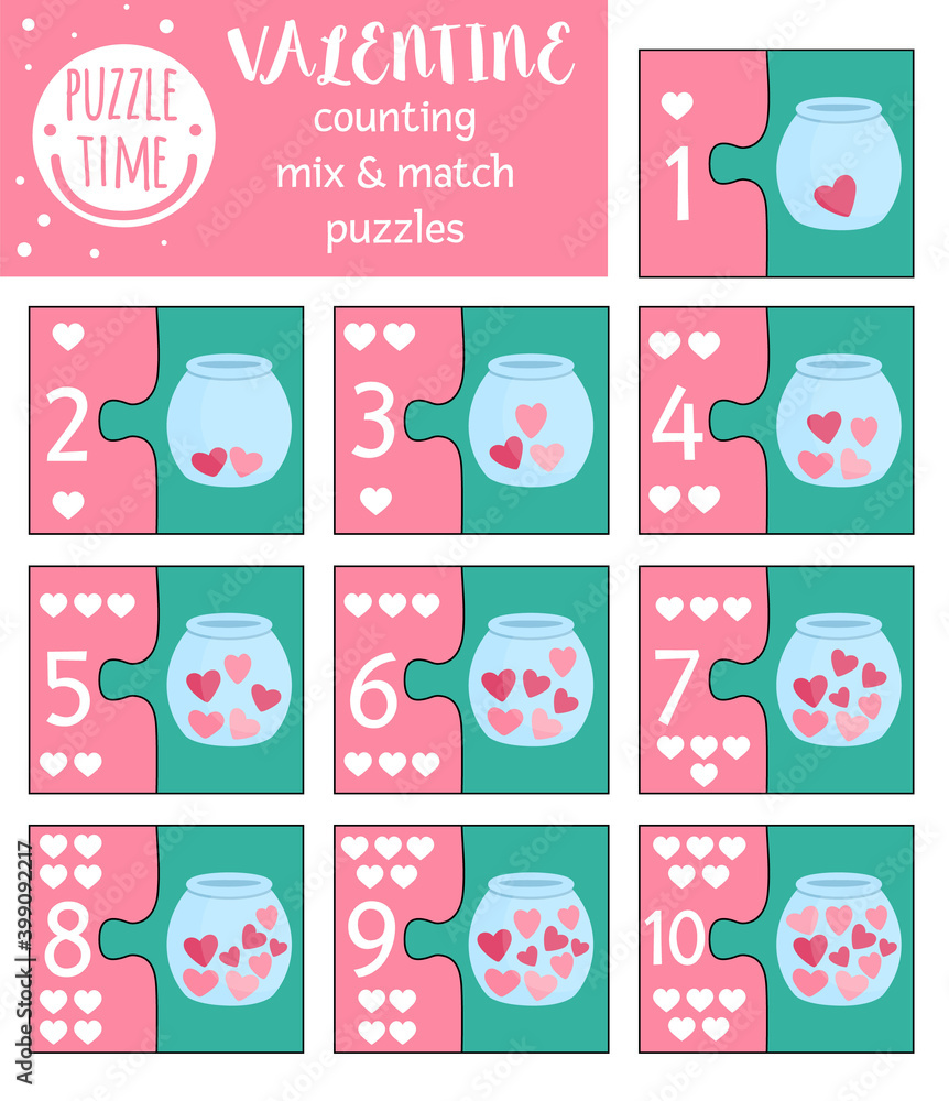 Vector Saint Valentine day mix and match puzzle with traditional holiday symbols. Matching math activity for preschool children. Educational printable counting game for kids with hearts in jar. Vector Saint Valentine day mix and match puzzle with traditional holiday symbols. Matching math activity for preschool children. Educational printable counting game for kids with hearts in jar.