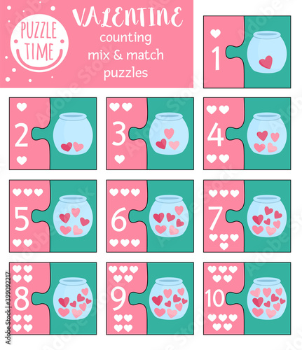 Vector Saint Valentine day mix and match puzzle with traditional holiday symbols. Matching math activity for preschool children. Educational printable counting game for kids with hearts in jar.