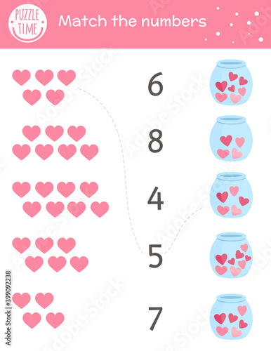 Saint Valentine day matching game with hearts in jar. Holiday math activity for preschool children. Educational love themed printable counting worksheet with cute funny elements for kids.