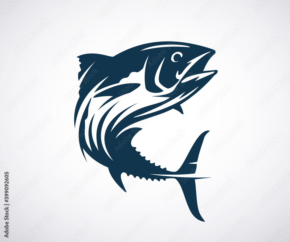 Fototapeta premium Tuna fish logo template. Jumping fish isolated on white background. Fishing concept. Vector illustration.