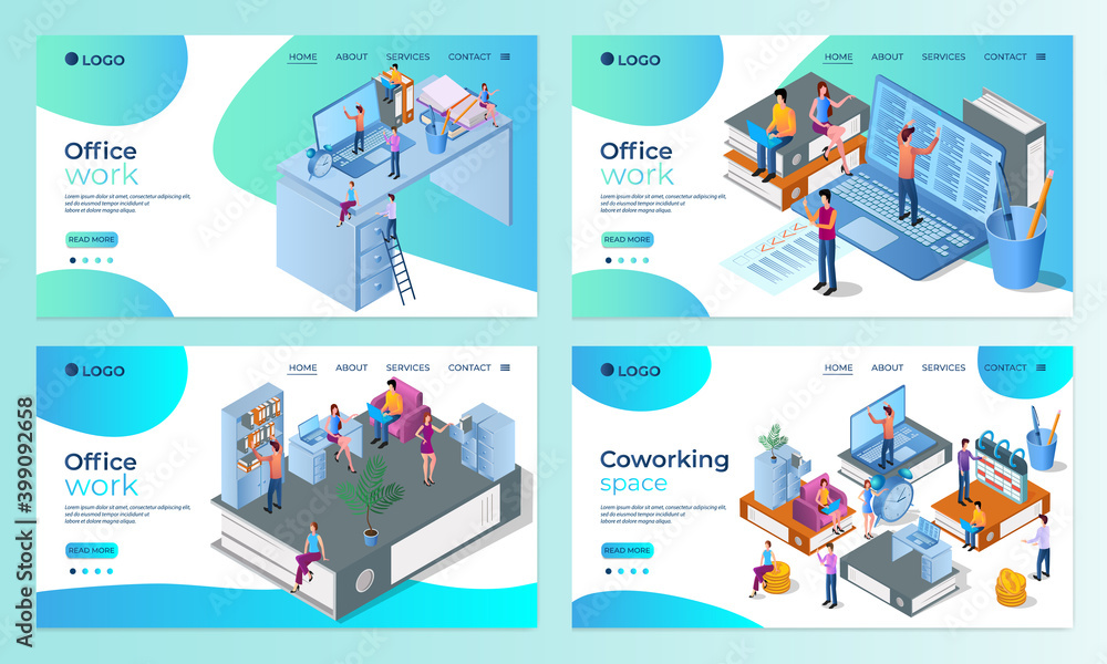 A set of landing page templates.Office work.Templates for use in mobile app development.Flat vector illustration.