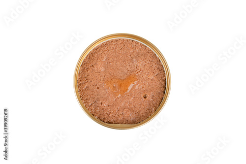 Chicken pate in a can isolated on white background with clipping path. Canned cat food