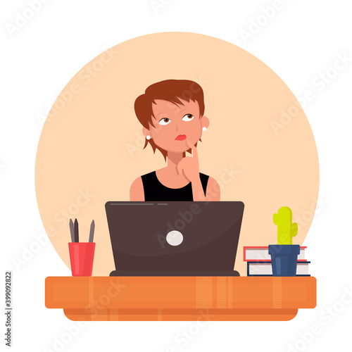 Cute woman office manager thoughtful and looking away. Office worker. Isolated on white background