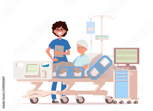 Doctor's visit to the ward of patient. Elderly woman and nurse. Vector illustration in a flat style