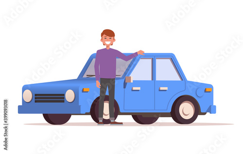 Smiled man stands next to a new car. Buying a automobile. Vector illustration in cartoon style isolated on the white