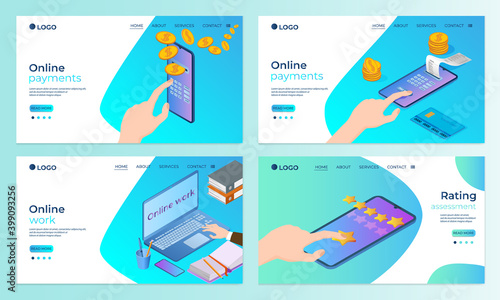 A set of landing page templates.Online payments, Online work, rating.Templates for use in mobile app development.Flat vector illustration.