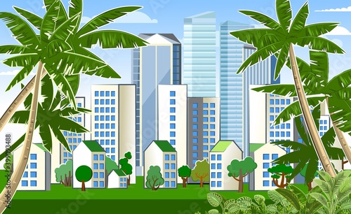 Southern City. Cityscape with palms and sky. View from the jungle. High-rise buildings, skyscrapers and high-rise buildings. Green park area. Flat style. Suburb. Vector