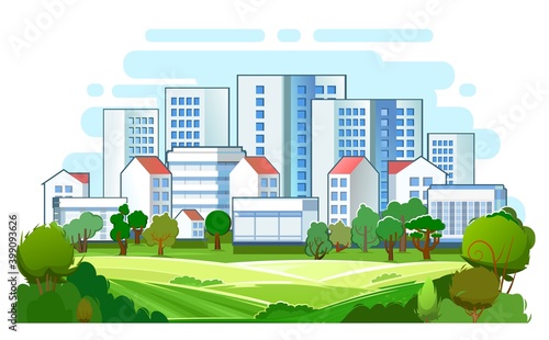 Suburb of the city. Cityscape. High-rise buildings, skyscrapers and high-rise buildings. Green parkland and farm fields. Flat style. Plots of land on the outskirts of the city. Isolated. Vector