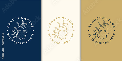Beauty women logo design inspiration with nature and business card.beauty, skin care, salons, spa,hair style,circle,leaf, minimalist. with line art style .Premium Vector