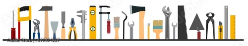Construction tools. Logo, label. Bottom frame. For work as a painter, carpenter, builder, handyman. Repair and construction services. Sale of tools.