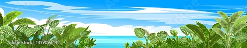 Tropical landscape with sea and jungle. Plants, shrubs and palms. Sky. Cartoon flat style. Mountains on the horizon. Background illustration. Vector