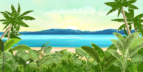 Beach. Seaside landscape. Tropical trees by the sea, ocean. Mountains in the distance on the horizon. Grass and thickets in the sand. Illustration. Vector