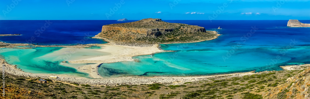 The view of Balos Beach and Gramvousa, Crete on a bright sunny day