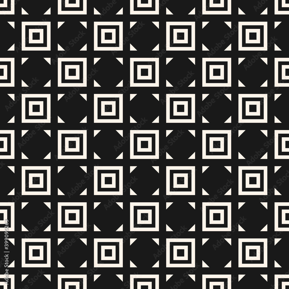 Vector geometric seamless pattern with squares, triangles, tiles. Abstract black and white texture. Stylish minimal monochrome ornament background. Simple dark repeat design for decor, print, cover Vector geometric seamless pattern with squares, triangles, tiles. Abstract black and white texture. Stylish minimal monochrome ornament background. Simple dark repeat design for decor, print, cover