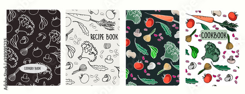 Cover page vector templates for recipe books based on seamless patterns with hand drawn vegetables, mushrooms. Cookery books cover layout. Healthy food, vegan food concept