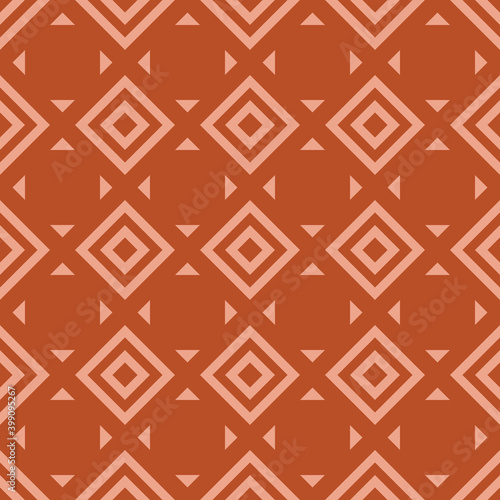 Vector geometric seamless pattern with rhombuses, diamonds, squares, triangles, tiles. Abstract texture in pink and orange color. Stylish ornament background. Simple repeat design for decor, wallpaper