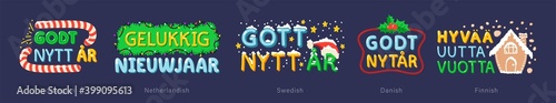 Fotografie Happy New Year greetings in different languages in cartoon style