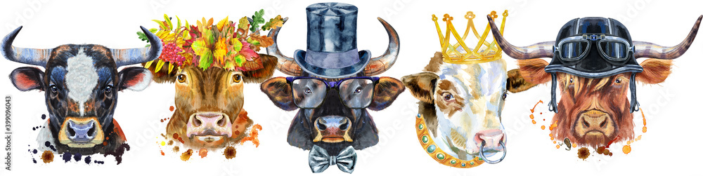 Border from watercolor portraits of bulls for decoration
