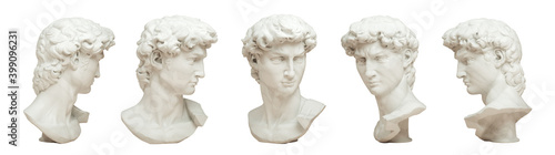 3D rendering illustration of Head of Michelangelo's David in 5 views isolated on white background.