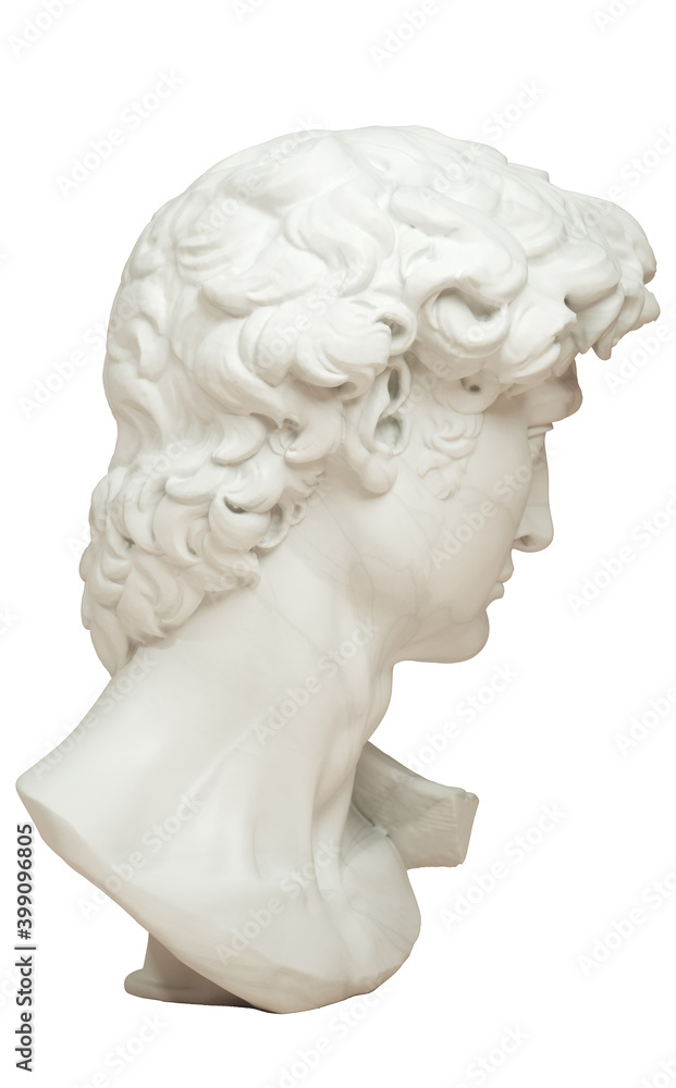 3D rendering illustration of Head of Michelangelo's David isolated on white background. Back view. 3D rendering illustration of Head of Michelangelo's David isolated on white background. Back view.
