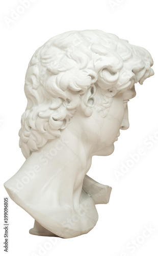3D rendering illustration of Head of Michelangelo's David isolated on white background. Back view.