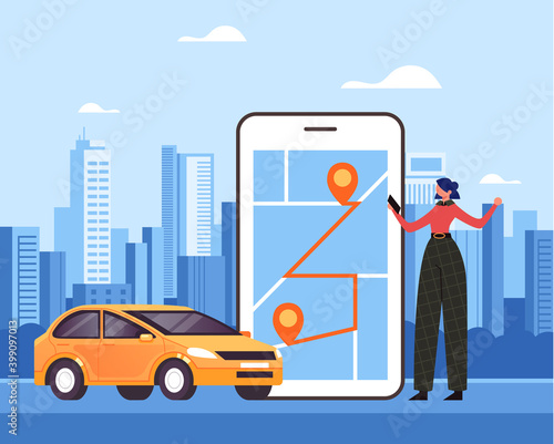 Woman traveler character making order by taxi mobile internet online app and waiting car. Vector flat graphic design illustration