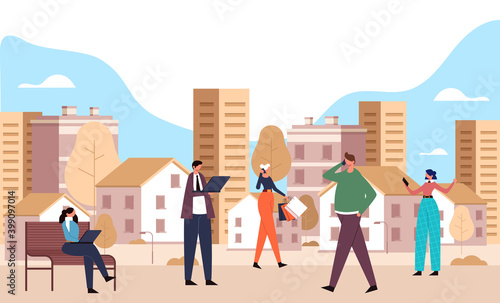 Smart city and people using phone and laptop concept. Vector flat cartoon graphic design illustration
