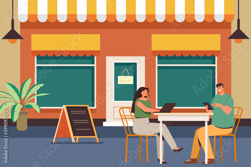 People couple characters sitting in cafe street outside concept. Vector flat graphic design illustration