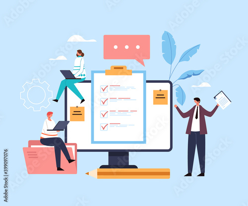 Online question analysis questionnaire opinion test choice online web internet service concept. Vector flat graphic design illustration