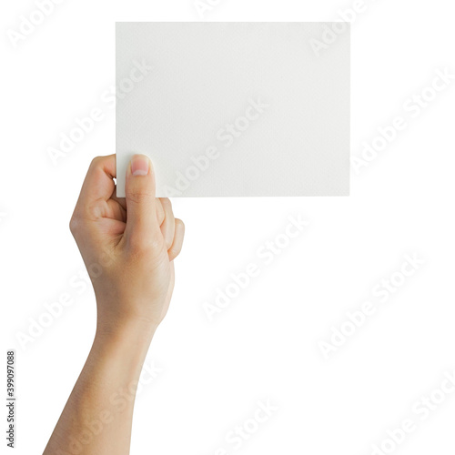 close up adult man hand  showing mockup blank card paper isolated on white color square background for advertisement banner and billboard design concept photo