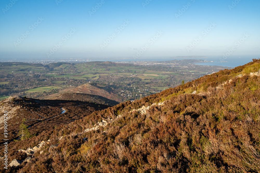 Panoramic view from the top of Great Sugar Loaf in Ireland, Wicklow near Dublin. Amazing weather