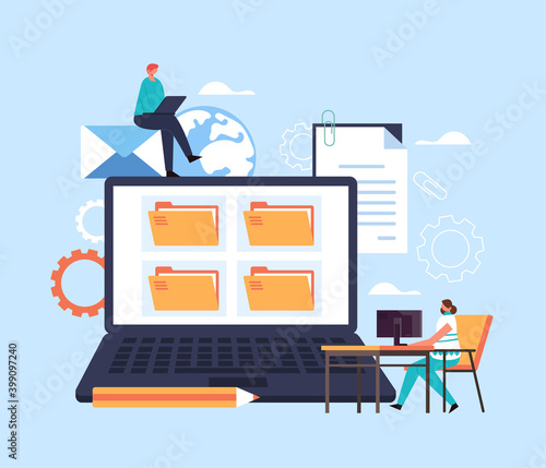 File organization paperwork database concept. Vector flat cartoon graphic design illustration