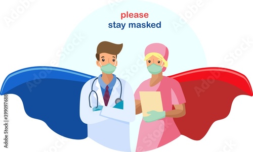 Two superhero doctors in masks, standing in masks and warning people.
