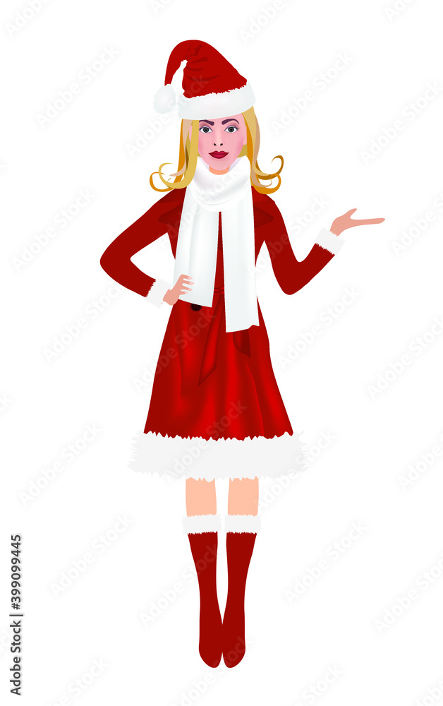 Christmas woman in red coat holding something, vector Christmas woman in red coat holding something, vector