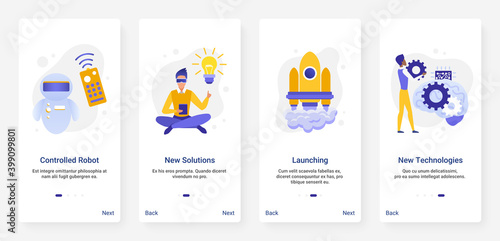 New future technology innovation vector illustration. UX, UI onboarding mobile app page screen set with line innovative project, success startup idea launch, automation and control of business process