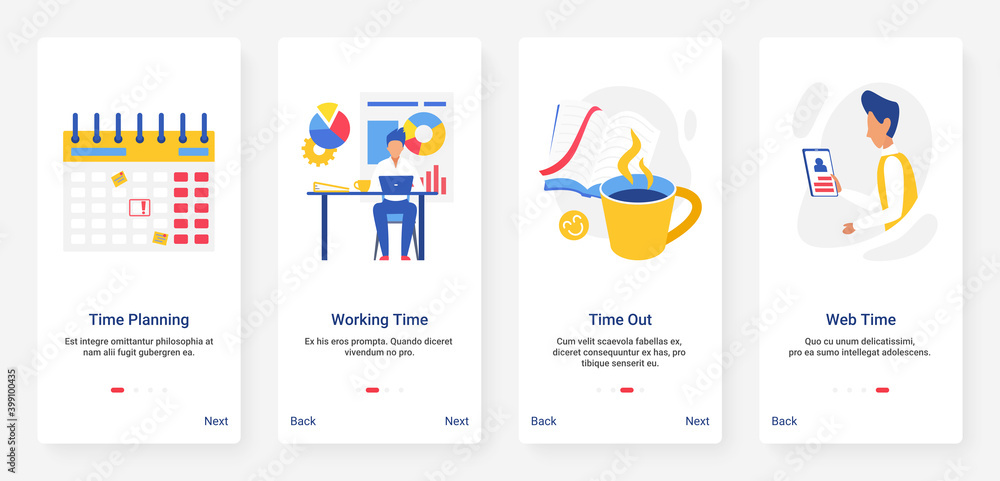 Business time planning strategy for office work and coffee break vector illustration. UX, UI onboarding mobile app page screen set with line planner, businessman working to organize time efficiently