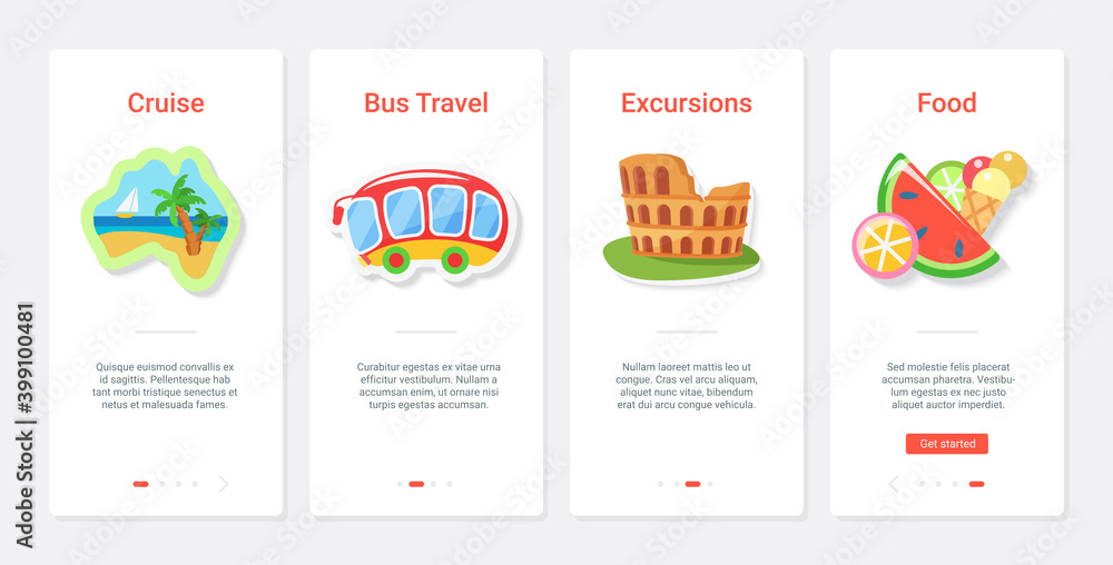 Adventure travel cruise, excursion and food vector illustration. UX, UI onboarding mobile app page screen set with line sightseeing vacation bus tour for traveler tourists, sea beach summer holiday